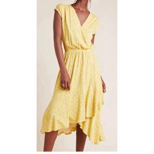 Maeve Dress Womens XS Yellow Geometric High Low Surplice Wrap Midi Anthropologie